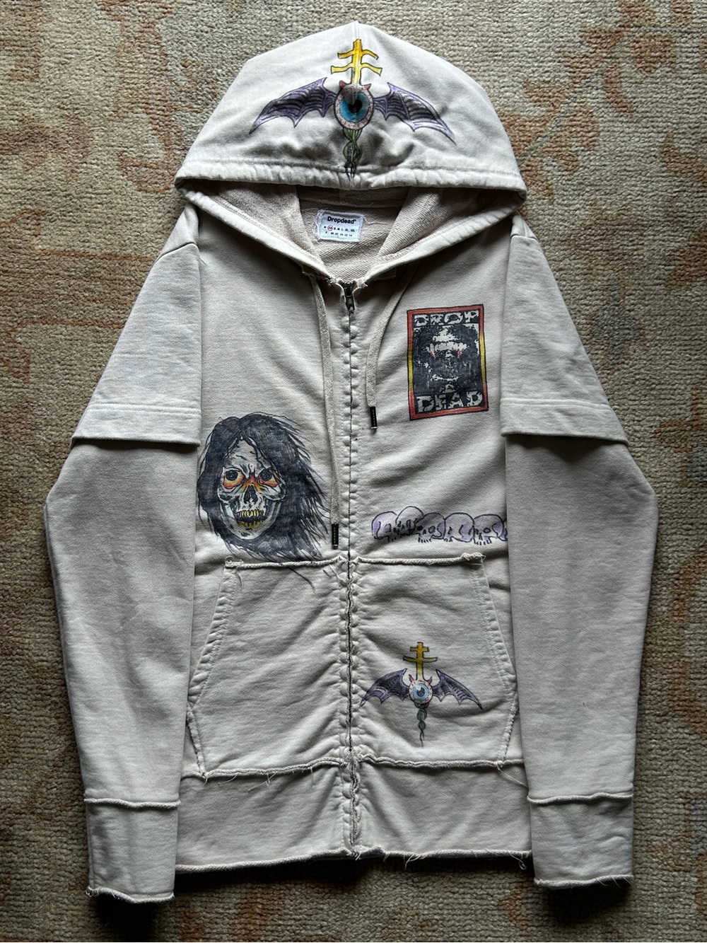 Drop Dead RARE 1 of 1 Death Metal Custom Zip Up Jacket with Hand Drawn Graphic